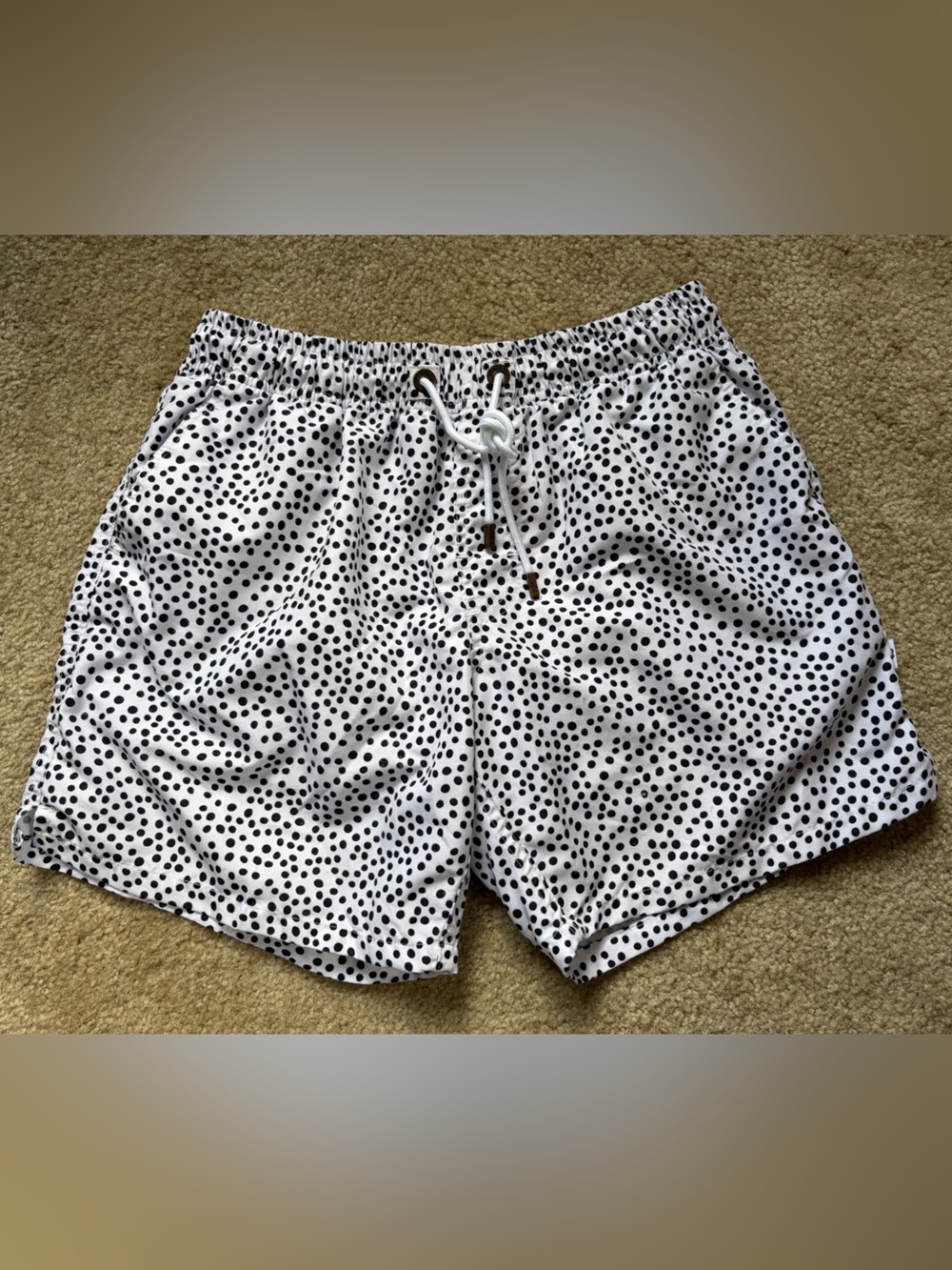 Bondi Beamers Men's White Swim Trunks with Black Dot Print